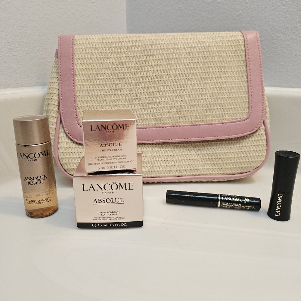 Lancome Absolue Collection with Pink and Cream Straw Bag